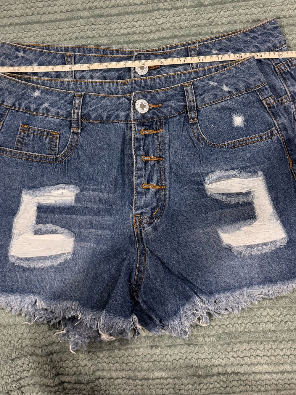 Distressed High-Waist Denim Shorts - Blue